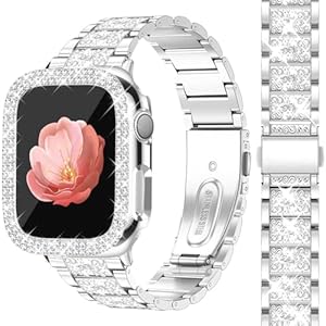 Bling Band with Bling Case for Women Compatible with Apple Watch 40mm Elegant Dressy Jewelry Replacement Metal Link Wristband Protector Cover for iWatch Series 9/8/7/6/5/4/3/2/1/SE Silver