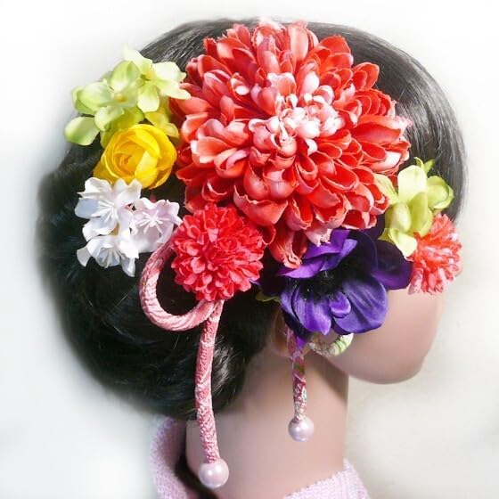 髪飾り 成人式 卒業式 結婚式 花 ダリアpとアネモネ他 和柄紐付 朱赤桃紫緑黄 豪華 振袖 袴 和装 着物