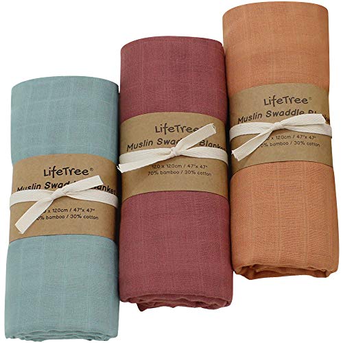 Image of LifeTree Muslin Swaddle Blankets, Soft Baby Swaddle Blankets for Newborn Boys & Girls, Large 47 x 47 inches, Solid Color, 3 Pack Baby Swaddling Wrap
