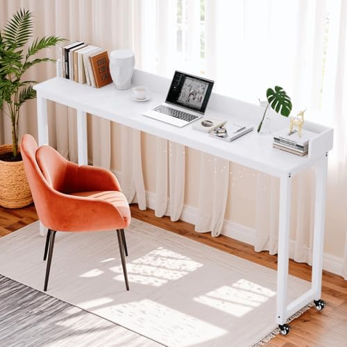 Clevich Overbed Table with Wheels, Queen/Full Size Over Bed Table, Mobile Computer Desk Laptop Cart, Dining Bar Table or Laptop, Rolling Bed Bar Table, 16" D x 71" W x 41" H (Textured White)