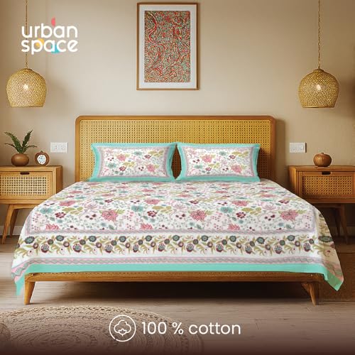 Image of Urban Space 100% Cotton Jaipuri Handblock Printed Double Bedsheet with 2 Pillow Covers, 200 TC Cotton Bedsheet (Size 90 x 100 inches, Anokhi)