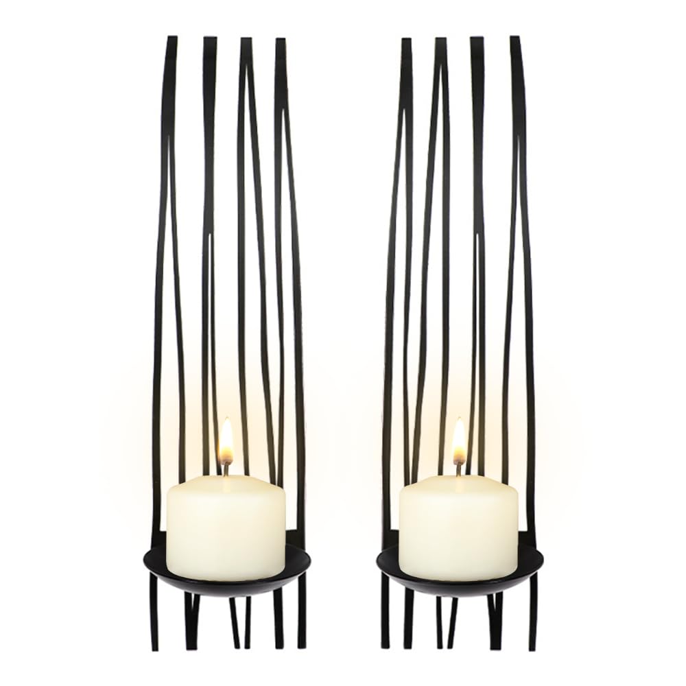BOOMLATU Modern Wall Candle Holders Decorative Set of 2,Metal Wall Decorations Hanging Wall Mounted Candle Sconces for Living Room Dining Room, Black (Style A)