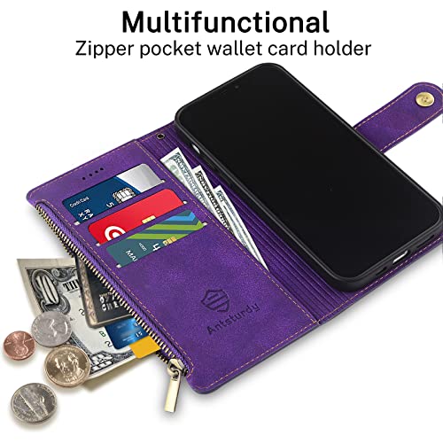 Antsturdy Motorola One 5G Ace 2021 Wallet case with Card Holder for Women Men,Motorola One 5G Ace 2021 Phone case RFID Blocking PU Leather Flip Cover with Strap Zipper Credit Card Slots,Purple
