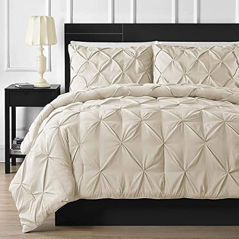 Crown Collection Luxuriate Hotel 1000-TC Hypoallergenic Ultra Soft Design 100% Egyptian Cotton 94x104 inch King/Cal-King Size Ivory Pinch Plated Duvet Cover with Zipper Colser & 2pcs Pillow Case Set Cover