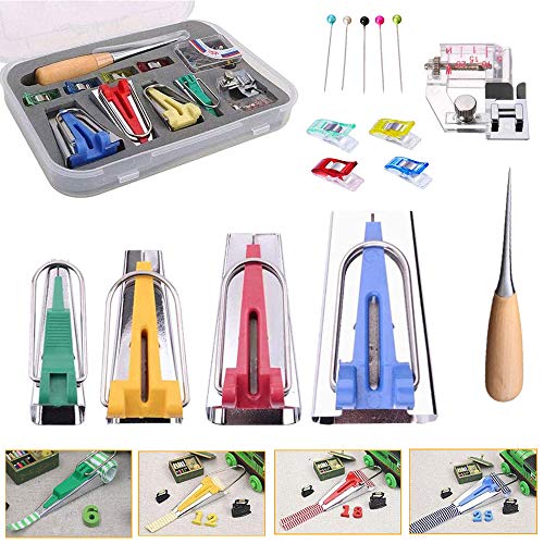 Bias Tape Maker Set All 4 Sizes 1/4" 1/2" 3/4" 1" (6mm 12mm 18mm 25mm) Binding Foot Craft Clips Awl Quilter's Pin Wooden Awl,Foot Press -Practical Bias Tape Maker Set for Sewing/Quilting