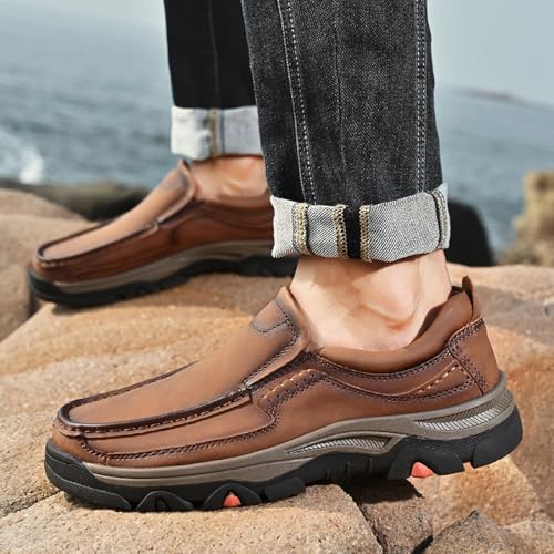 Men Non Slip Hiking Shoes, Waterproof Leather Loafers, Casual Lightweight Slip on Walking Sneakers, for Walking Trekking Outdoor2