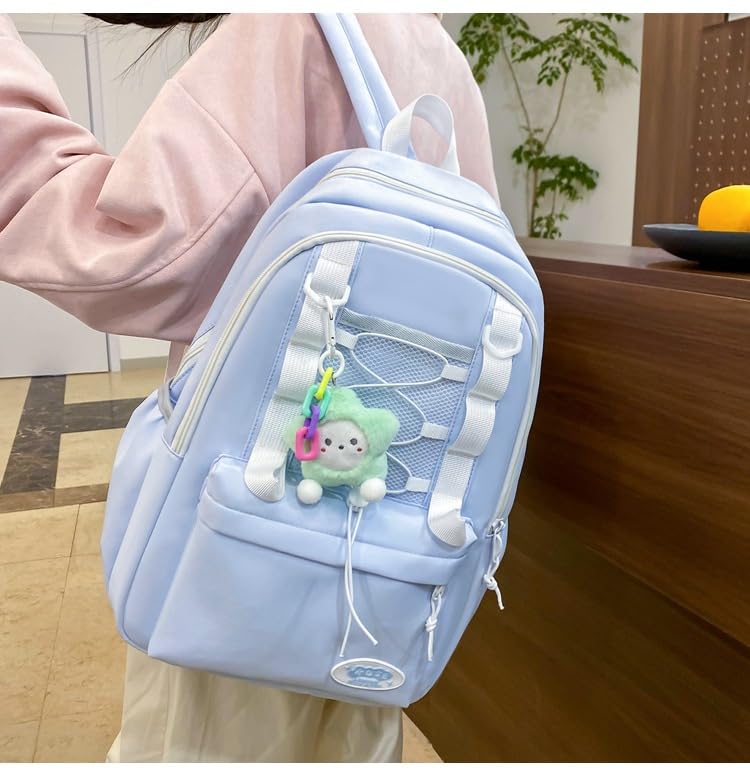 College Style Backpack Set of 3, Kawaii Simple Stylish 3-In-1 Bookbag Set, Cute Large Capacity Nylon Rucksack (Blue)4