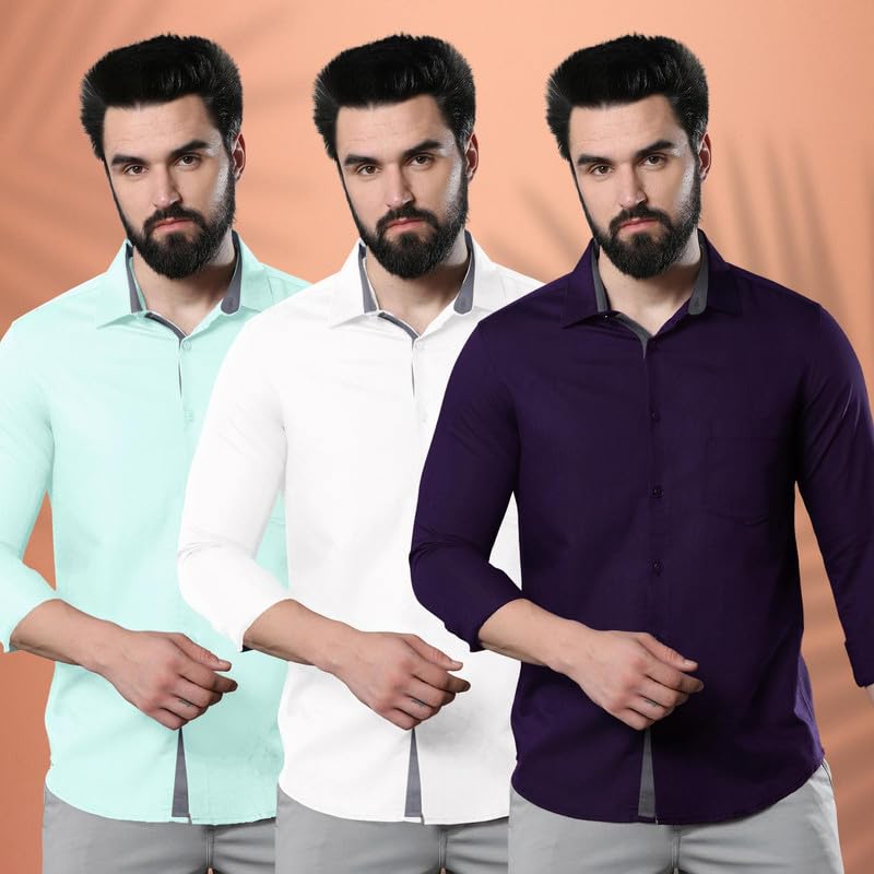 Image of Pinkmint Men's Solid Shirt | Soft Cotton Blend | Casual Shirt | Plain | Full Sleeve - Regular Fit (Combo Pack of 3 | Available in Plus Size)