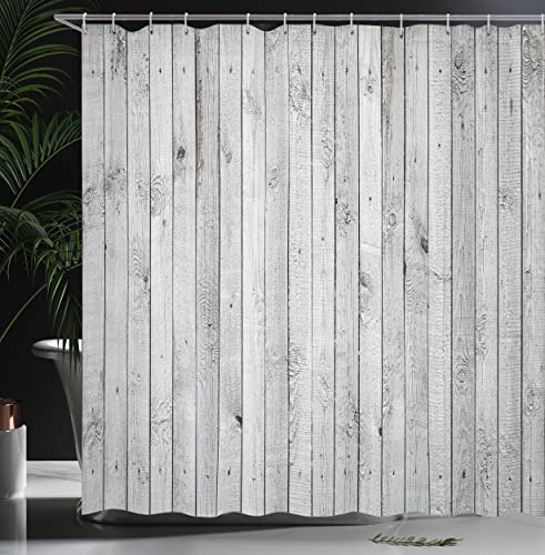 ABAKUHAUS Grey and White Shower Curtain, Vertical Lines Wooden Board Background Black and White Tone Vintage Planks Picture - Image 3