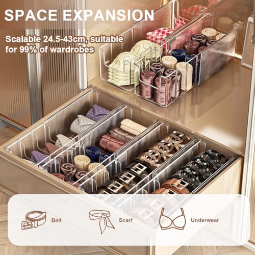 Image of HASTHIP Expandable Acrylic Belt Organizer, Stackable Belt Storage Organizer for Drawer Storage with Removable Dividers, Clear Display Case for Ties, Socks, Underwear