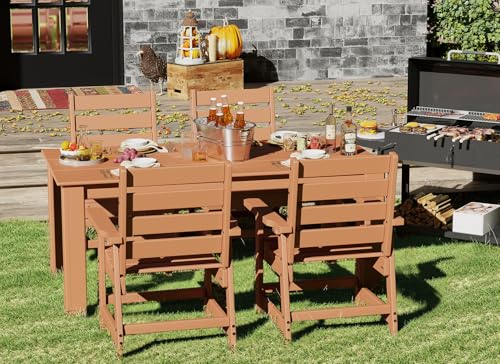 Image of GREENVINES 7-Piece Outdoor Dining Set | HDPE | Patio Table and Chairs Sets for 6 | Patio Furniture | All Weather | Umbrella Hole | Teak | for Backyard Poolside Garden