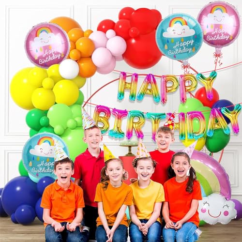 Image of Rozi Decoration Foil, Latex, Paper Rainbow Theme Happy Birthday Decoration Items Set Of 80 Pcs Multicolor Balloons For Birthday Decoration, Rainbow Birthday Decoration Items For Girl