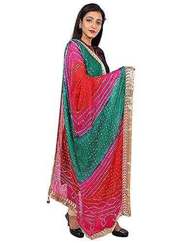 Image of Women's Jaipuri Art Silk Bandhej Rajasthani Bandhani Dupatta with Gota Patti Lace