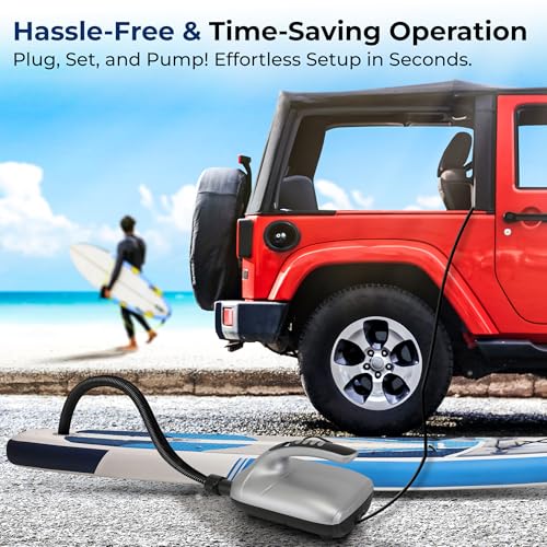 Image of Paddle Board Pump Electric - Portable 20 PSI Dual-Stage Air Compressor for Super Fast Inflation and Deflation, Auto-Off, LCD Display and 12V Car Connector - for SUP, Boats & Inflatables