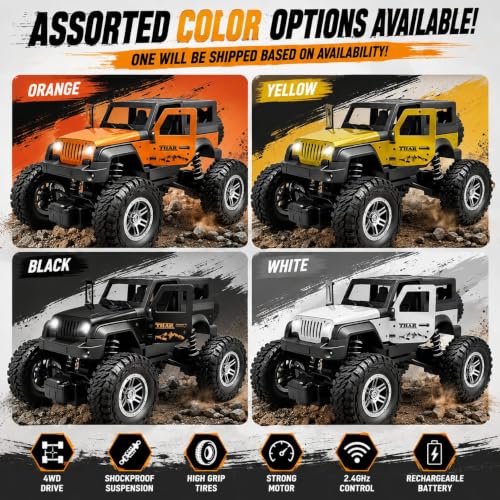Image of Remote Control Off Road Rock Climbing Thar Car for Kids | 75+ Ft Range, Rechargeable USB-C, Mist Smoke Effect, LED Lights, Shock Absorbers, 2WD RC Jeep Toy Car for Kids (Color as Per Stock)