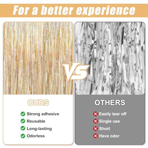 Image of 2 Pack Laser Champagne Gold Foil Fringe Curtains Streamers Party Decorations 3.3 x 8.2 ft, Tinsel Curtain Fringe Backdrop for Parties, Door Fringe Birthday Streamers, Photo Booth Backdrops