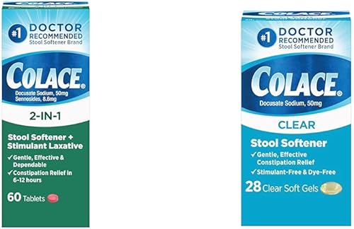 Colace Suavizante de heces 2 en 1 más estimulante laxante para alivio del estreñimiento suave y eficaz y suavizante de heces transparente, cápsulas