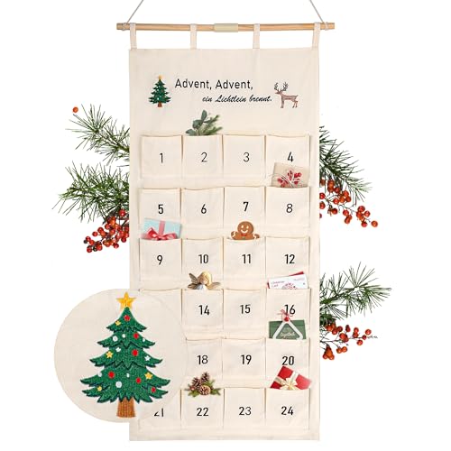 DazSpirit Adventskalender aus Stoff 2025 mit gesticktem Adventsreim –...