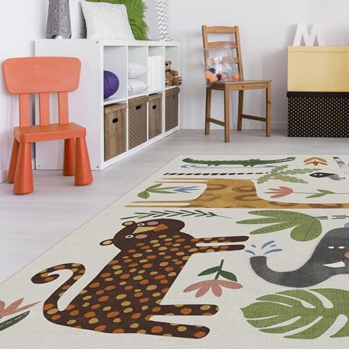Image of RUGGABLE Washable Area Rug – Animal Safari Multicolor 5x7, Stain-Resistant, Non-Slip – Medium Machine Washable Rugs for Living Room, Bedroom, Hallway, Entryway & Office–with Standard Pad