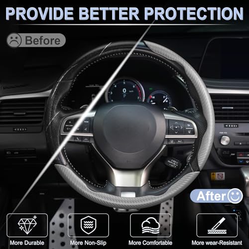 Image of Amiss 3pcs Carbon Fiber Anti-Skid Steering Wheel Cover, Waterproof & Segmented Butterfly Design, Universal 99% Vehicle Wheel Cover Protector, Car Interior Accessories (Gray-3pcs)