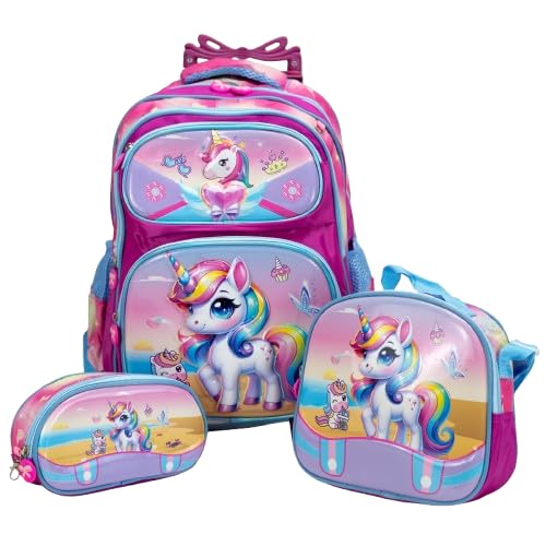 Kit de Mochila Escolar de Rodinha Unicórnio 3D, Com Lancheira Térmica e Estojo, Volta às Aulas,