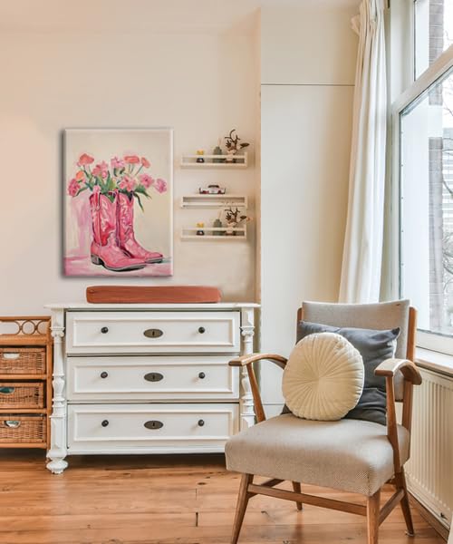 Image of Julaydi Floral Cowgirl Boots Wall Art Pink Cowboy Boots with Flower Painting Western Aesthetic Canvas Prints Poster Trendy Preppy Girls Room Decor Picture for Living Room Bedroom Dorm 16x24in Framed