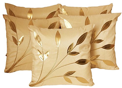 Image of Silk Golden Floral Cushion Covers, 16x16 Inch, Cream Beige, Set of 5