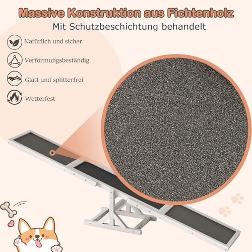 COSTWAY Hundewippe Holz, Hunde Agility Wippe, Outdoor Hundesport für Balance-Training, für kleine & große Hunde bis 60 kg, wetterfestes Spielset, 179 x 30 x 55 cm (Weiß)