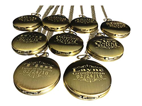 8 Personalized Pocket Watches, Set of 8 Groomsmen Wedding Unique Gifts, Chain, Box and Engraving Included, Comes in 4 Colors (Silver) (Gold Vintage) (Rose Gold) (Gold Vintage)