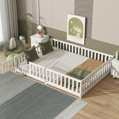 Image of PVWIIK Queen Size Floor Bed with Fence and Door,Easy to Assemble Wood Bedstead,Platform Bed w/Safety Guardrails/Near The Ground,White