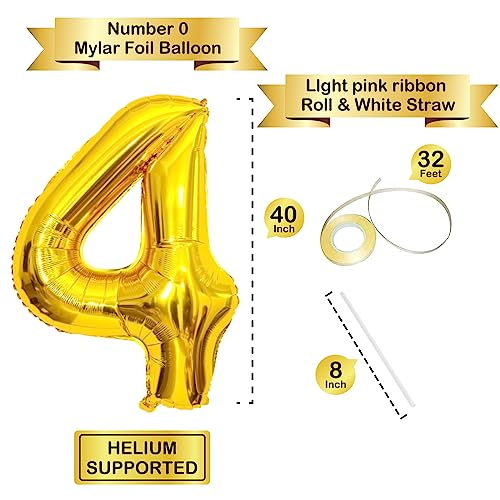Image of 40 Inch Gold Number Balloons, Helium Mylar Foil Number Balloons for Birthday, Number 4 Balloon for 4st Birthday Decorations for Kids, Anniversary Party Decorations Supplies