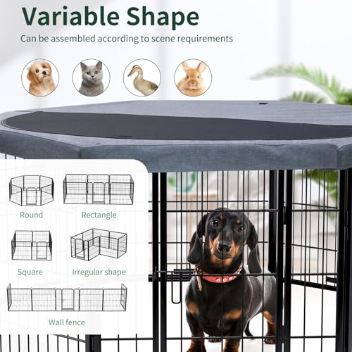 Image of PETIME Dog Playpen,Metal Exercise Puppy Pen Heavy Duty Kennels Yard Fence Indoor /Outdoor 22 inch W x 24 inch H 8 Panels Dog Cage with Octagon Top Cover