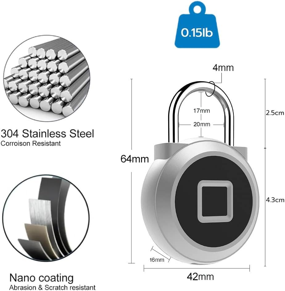Eseesmart Fingerprint Gym Locker Padlock, Fingerpirnt Bluetooth APP Control Smart Combo Pad Lock - Keyless Outdoor Waterproof Security Suitcase Luggage School Backpack-Sliver - Image 3