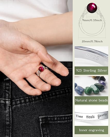 Decompression Swivel Ring - 925 Sterling Silver Natural Gemstone Ring with Amethyst, Moonlight, Obsidian, Garnet, Anxiety Relief Crystal Healing Jewelry Gift for Women Mom Daughter She (Rose Tiger's Eye, 6)