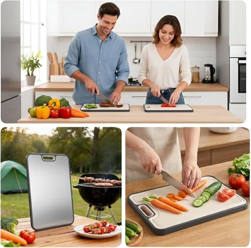 Image of Titanium Cutting Board for Kitchen, Double Sided 2-in-1 Chopping Board with Grinding Area, Food Grade Non Toxic Metal Cutting Board for Meat & Veggies, Easy to Clean, Large Size 16 inch11 inch