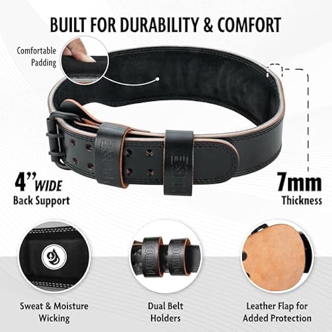 DMoose Fitness Weight Lifting Belt for Men & Women - 7MM Premium Cushioned Lumbar Support & Genuine Leather Adjustable Weightlifting Belt for Squats, Deadlifts & Workouts