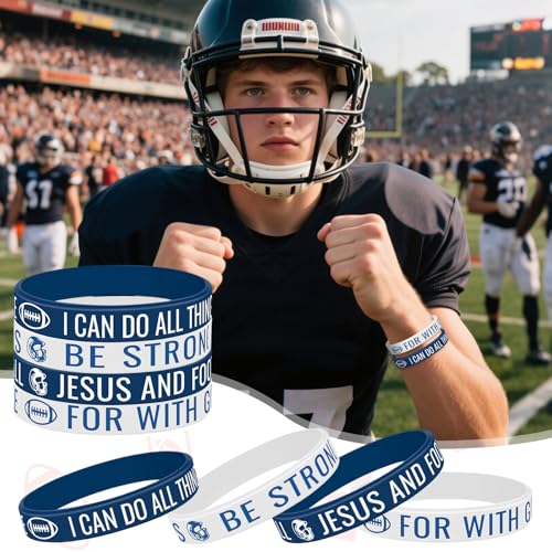 image for AKAIXI 8PCS Football Blue and White Bracelet, BE STRONG AND COURAGEOUS