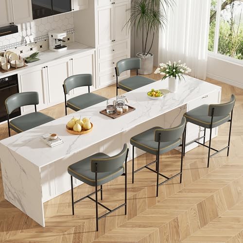 Image of Bar Stools Set of 6, Faux Leather Counter Height Barstools with Curved Back, 25 Inch Upholstered Bar Chairs, Modern Counter Stools for Kitchen lsland, Grey