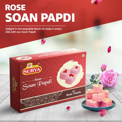 Image of HF, Surya Rose Petals Soan Papdi- 400g | No Added Preservatives or Colours | Nutritious Delicious Soft Flaky High Protien Mithai with Almonds Pistachios