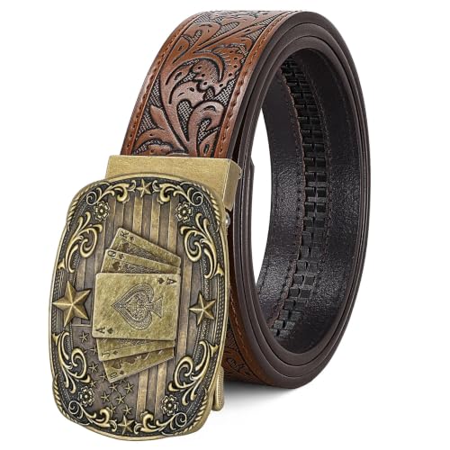 LALATCH Cowboy Western Ratchet Belt for Men Women with Automatic Western Buckle Ratchet Cowboy Leather Belt for Jeans Gifts Golden Poker/Brown