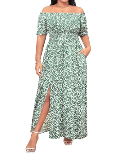Image of Holipick Women's Off The Shoulder Boho Dress Plus Size Floral Smocked Waist Split Summer Maxi Sundress with Pockets