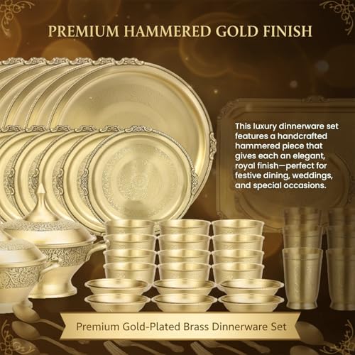 Image of cWc Pure Brass Itching Dinner Set - 70-Piece Traditional Indian Thali Set with Brass Plates, Bowls, Glasses, Spoons, Forks, Serving Handi, Jug & Tray | Premium Handcrafted Tableware