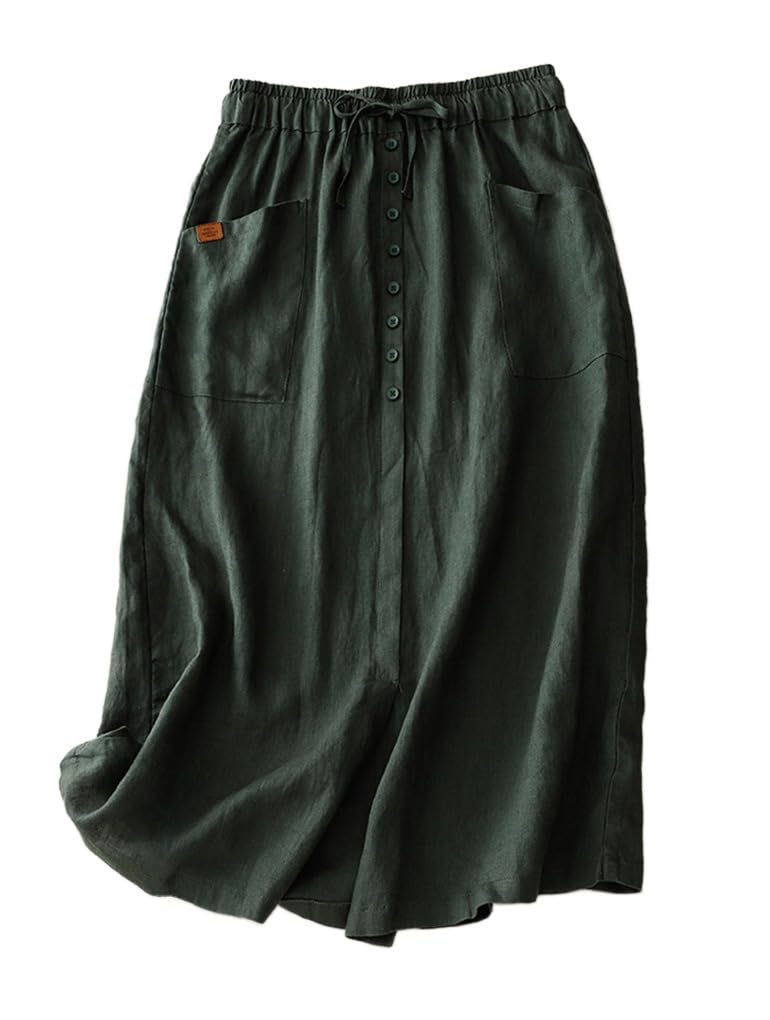 uhbkezy Womens Cotton Linen Skirts Casual Drawstring High Waist Skirt with Slit