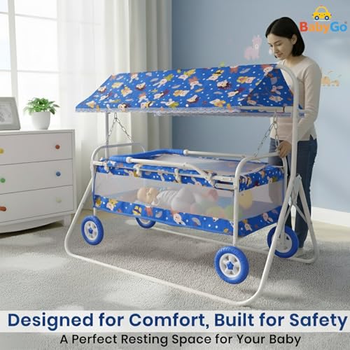 Image of BabyGo Baby Cradle with Swing, Mosquito Net & Canopy | 0-12 Months | Foldable 2-in-1 Rocking Cradle Cot with 4 Wheels & Brake | Soft Bed | Metal Frame | Blue (Large)