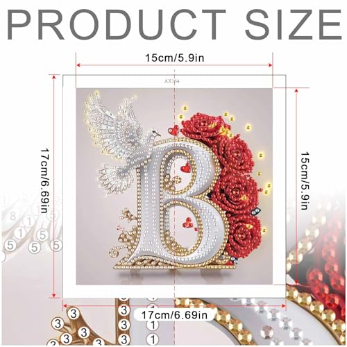 Image of AiYuanzsh Floral 5D Diamond Art Kit Letter B, Elegant Rose & Dove Alphabet Diamond Painting Kit for Adults, DIY Crystal Rhinestones Gem Art Craft for Home Decoration 17x17cm