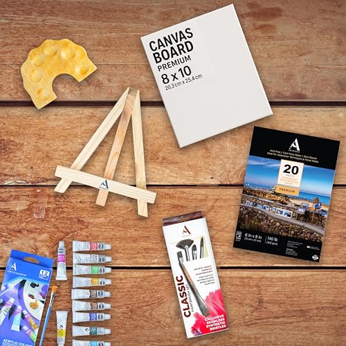 Image of ArtRight 39 Pcs Painting Kit for Beginners & Kids with 4 Paint Brushes - Mini Wooden Easel with Canvas - 20 A5 Watercolor Papers - Mini Painting Palette - Artists Color Set of 12