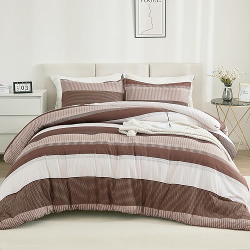 Litanika Brown Comforter Set California King - 3 Pieces Lightweight Brown White Colorblock Stripe Fluffy Bedding Comforter Sets, All Season Bed Set