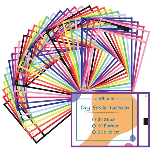Jeffbaubl 30 Stück Dry Erase Taschen, Wiederverwendbar Trocken Abwischbare Taschen,10 Farben Dry Erase Pockets, Abwischbare Durchsichtige Hüllen, Schreibwaren Lieferungen für Büro und Schule