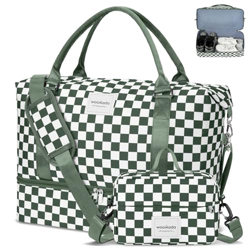 WOOMADA Weekender Overnight Bag for Women, Shoulder Travel Duffel with Shoes Compartment,Gym Bag with Toiletry Bag Large Size(Army Green Checkerboard)