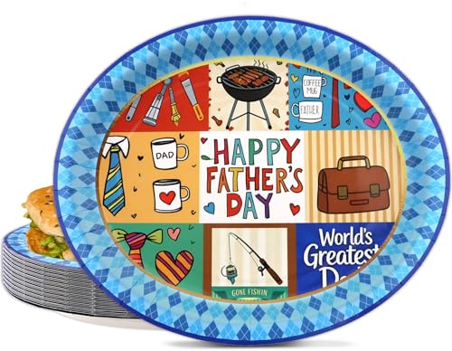 Fancy Land 24 Pack Fathers Day Oval Paper Plates Disposable Happy Fathers Day Dinnerware Dad-Themed Tableware Set for Party Decorations Picnic Grilling Supplies 10x12 Inches